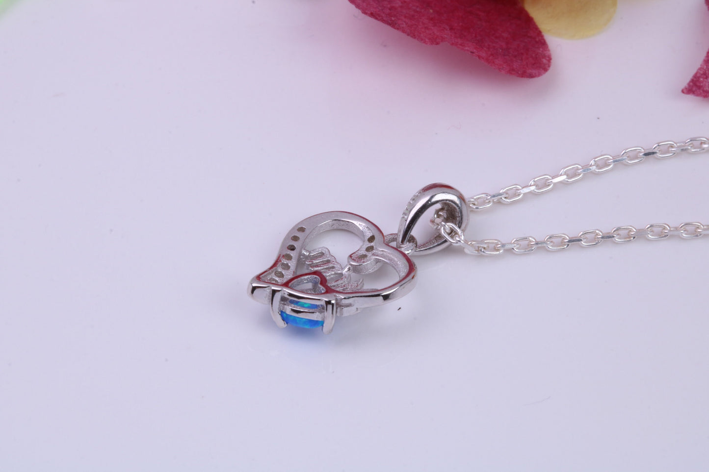 Love Mom, Blue Opal and Cubic Zirconia set Necklace, made from solid Sterling Silver