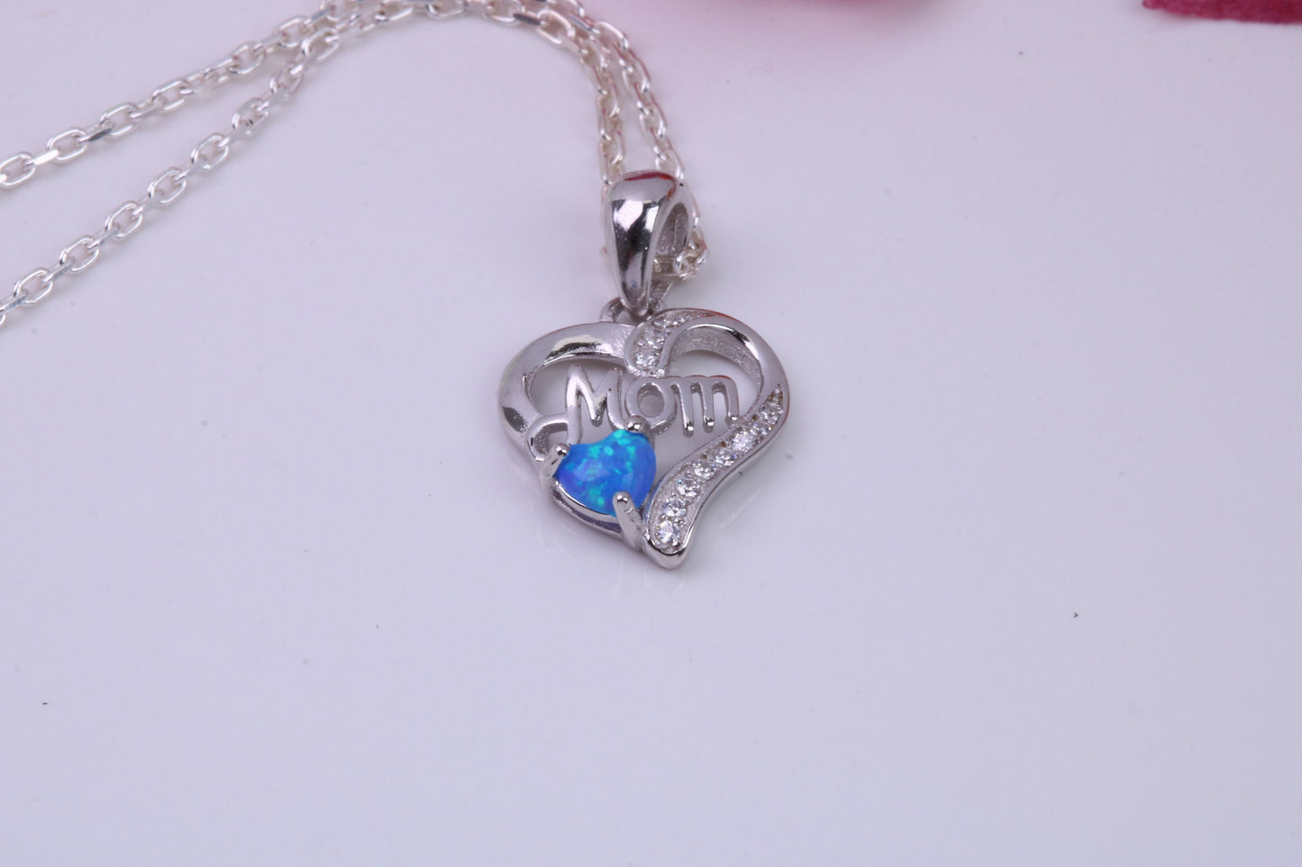 Love Mom, Blue Opal and Cubic Zirconia set Necklace, made from solid Sterling Silver