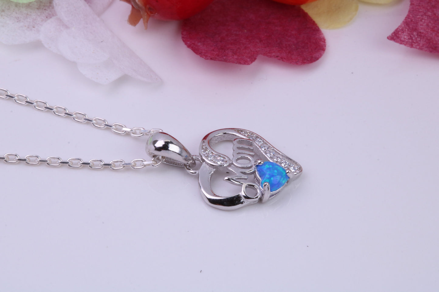 Love Mom, Blue Opal and Cubic Zirconia set Necklace, made from solid Sterling Silver