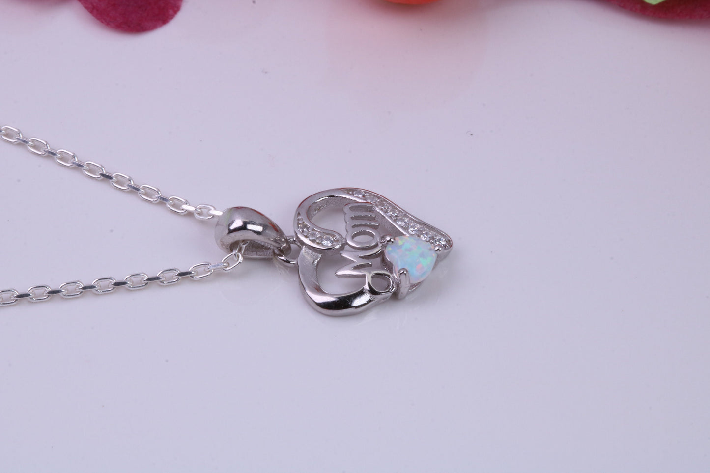 Love Mom, White Opal and Cubic Zirconia set Necklace, made from solid Sterling Silver