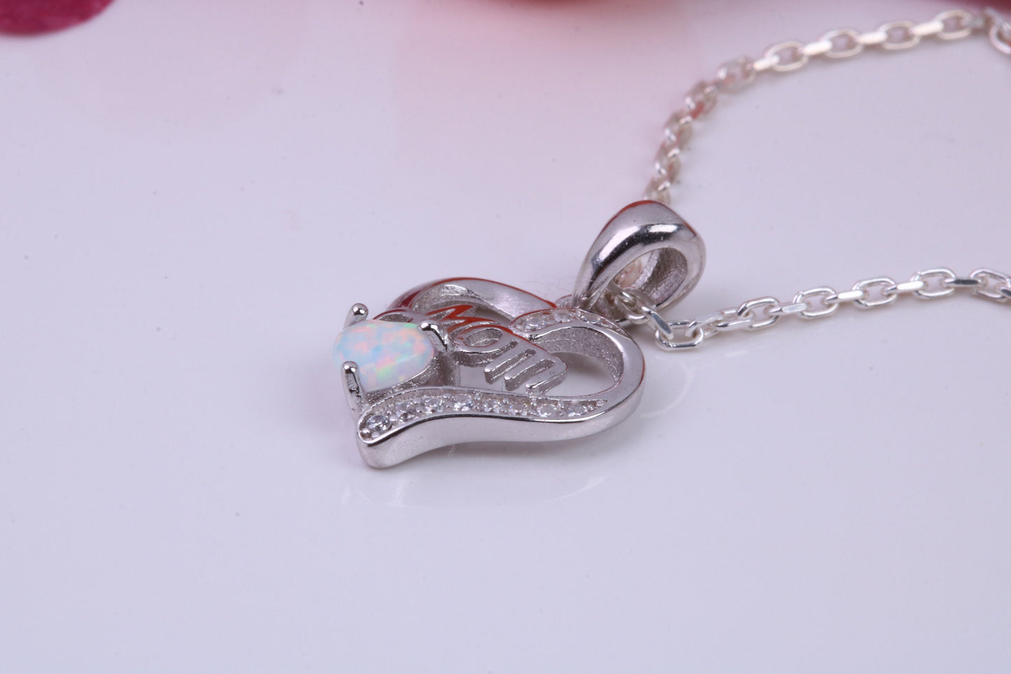 Love Mom, White Opal and Cubic Zirconia set Necklace, made from solid Sterling Silver