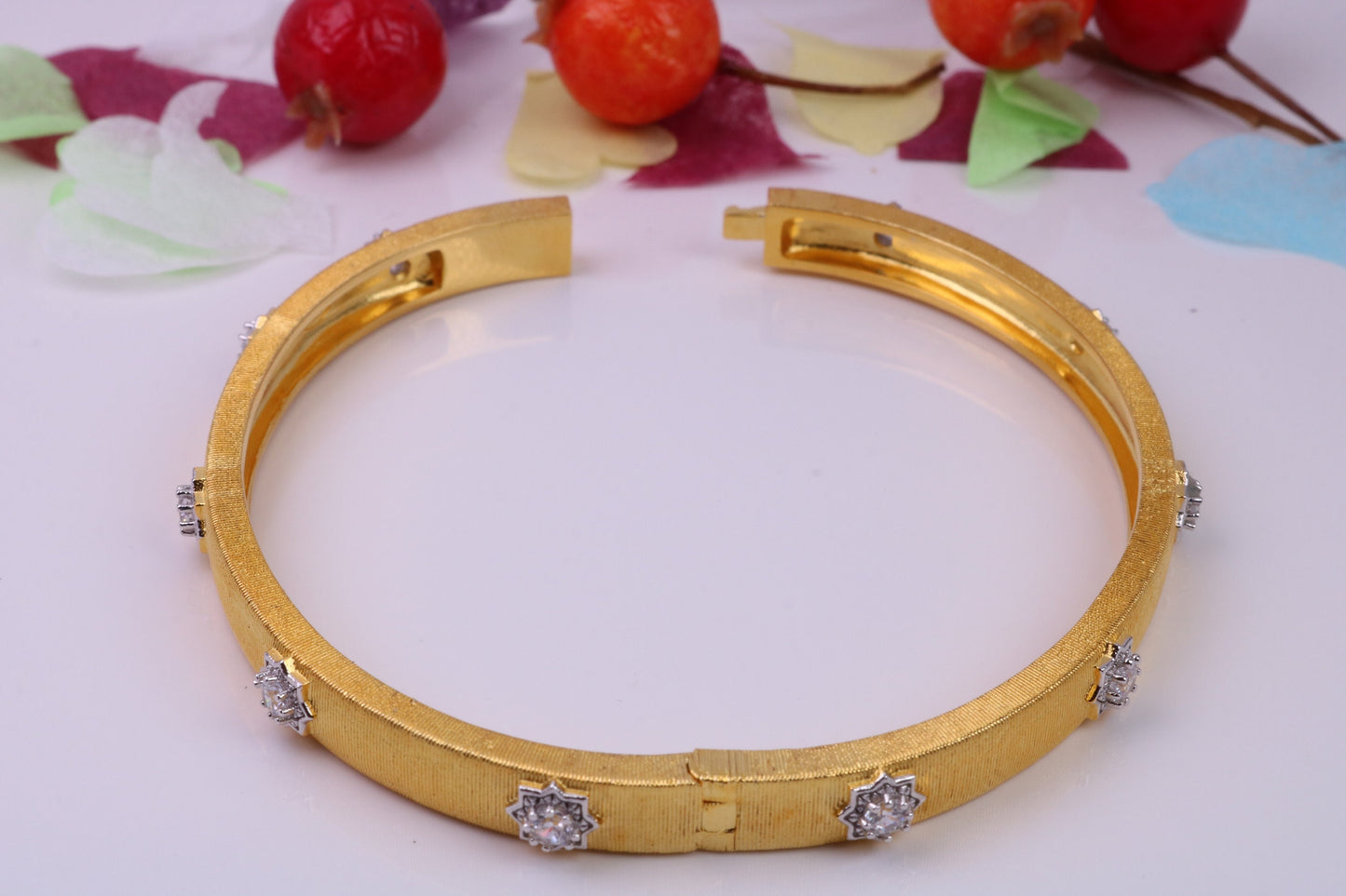 Hinged Bangle set with Diamond White Cubic Zirconia, Made from solid Sterling Silver, 18ct Yellow Gold Plated, Matt Finished