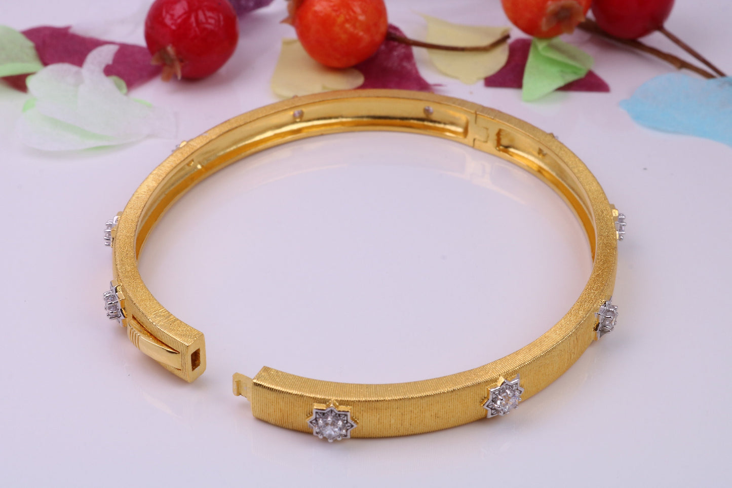 Hinged Bangle set with Diamond White Cubic Zirconia, Made from solid Sterling Silver, 18ct Yellow Gold Plated, Matt Finished