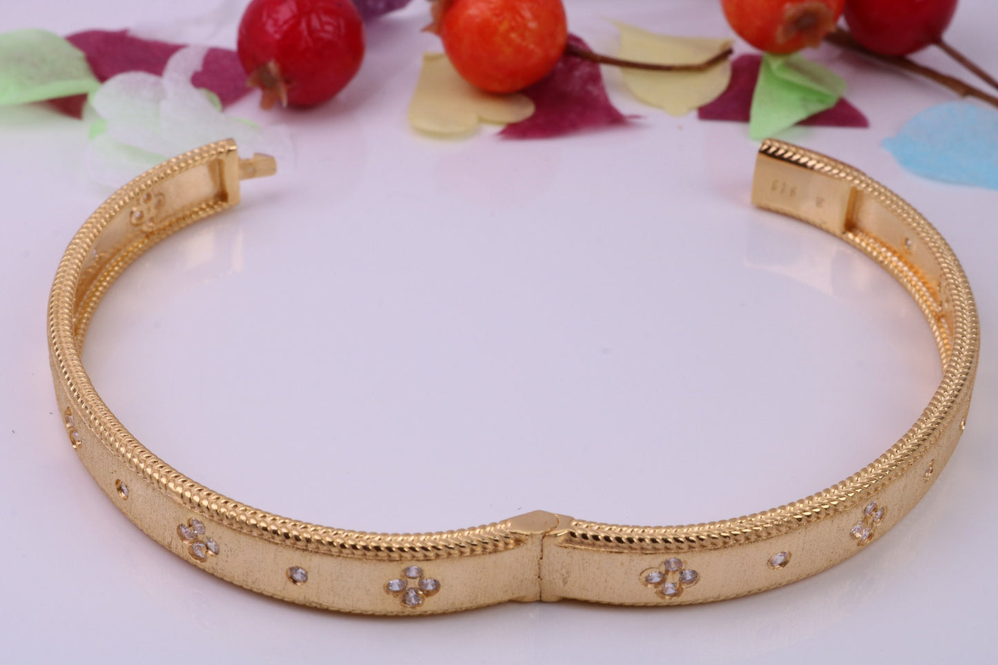 Hinged Bangle set with Diamond White Cubic Zirconia, Made from solid Sterling Silver, 18ct Yellow Gold Plated, Matt Finished
