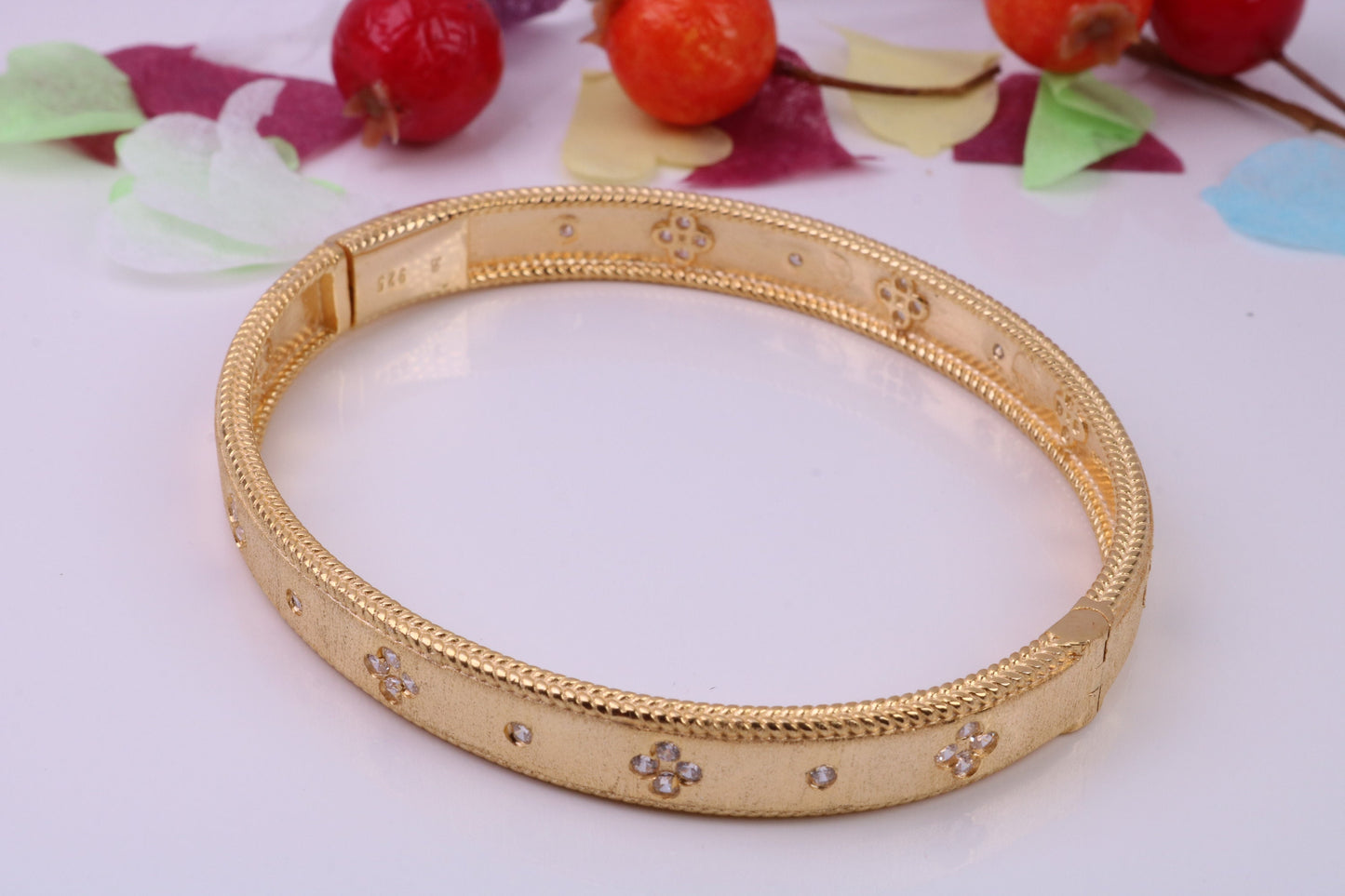 Hinged Bangle set with Diamond White Cubic Zirconia, Made from solid Sterling Silver, 18ct Yellow Gold Plated, Matt Finished