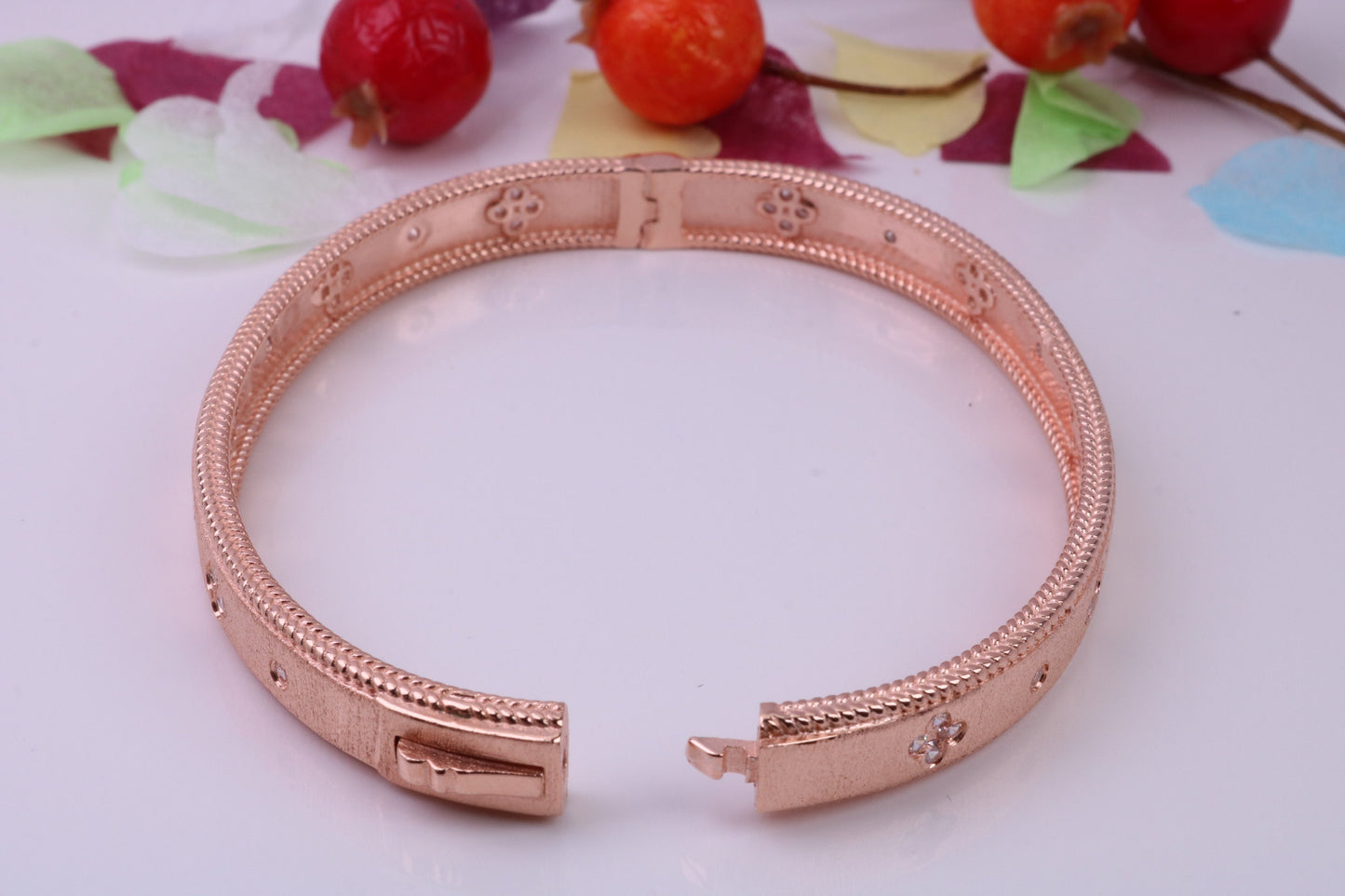 Hinged Bangle set with Diamond White Cubic Zirconia, Made from solid Sterling Silver, 18ct Rose Gold Plated, Matt Finished