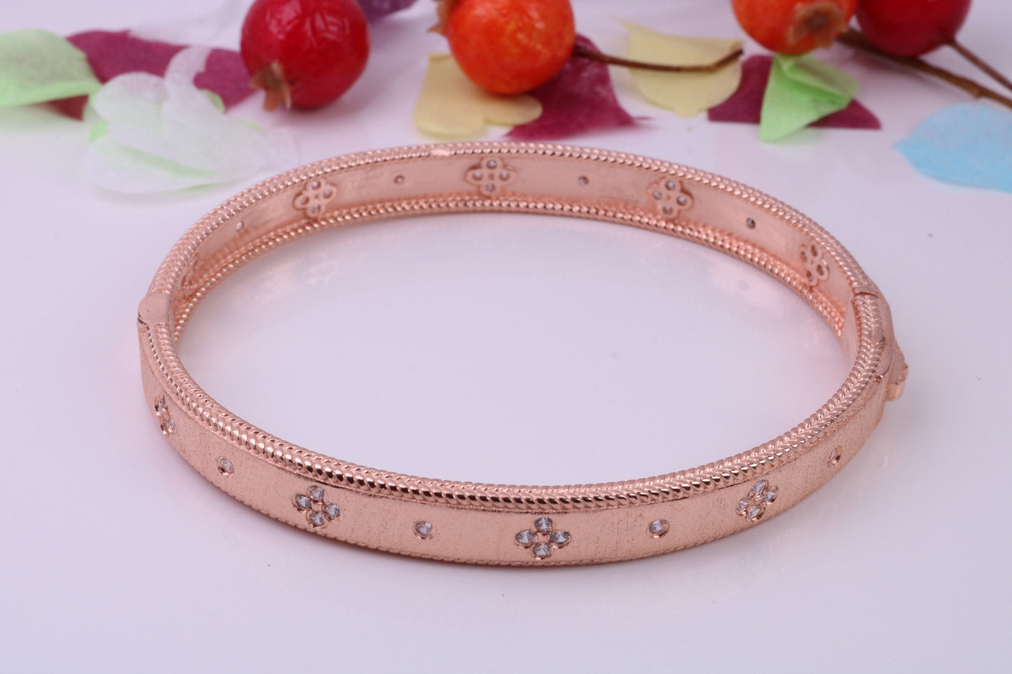 Hinged Bangle set with Diamond White Cubic Zirconia, Made from solid Sterling Silver, 18ct Rose Gold Plated, Matt Finished
