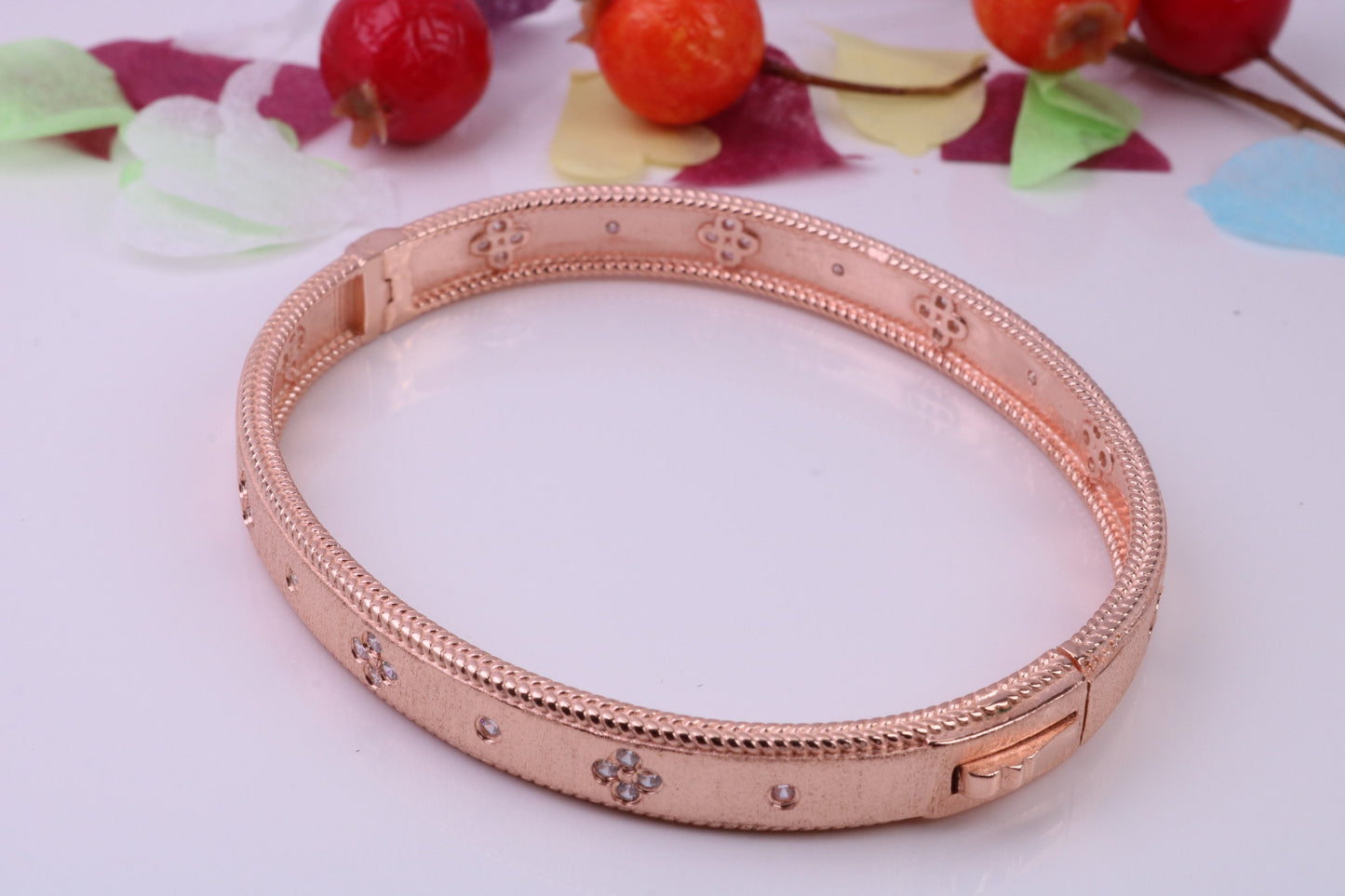Hinged Bangle set with Diamond White Cubic Zirconia, Made from solid Sterling Silver, 18ct Rose Gold Plated, Matt Finished
