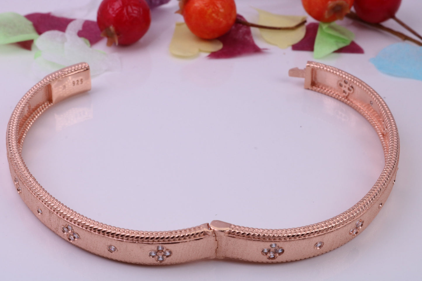 Hinged Bangle set with Diamond White Cubic Zirconia, Made from solid Sterling Silver, 18ct Rose Gold Plated, Matt Finished