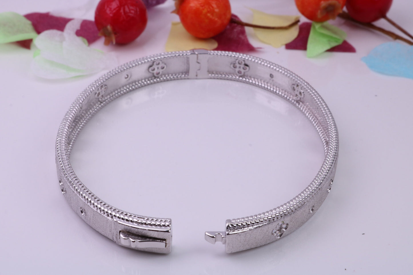Hinged Bangle set with Diamond White Cubic Zirconia, Made from solid Sterling Silver, Rhodium Plated, Matt Finished