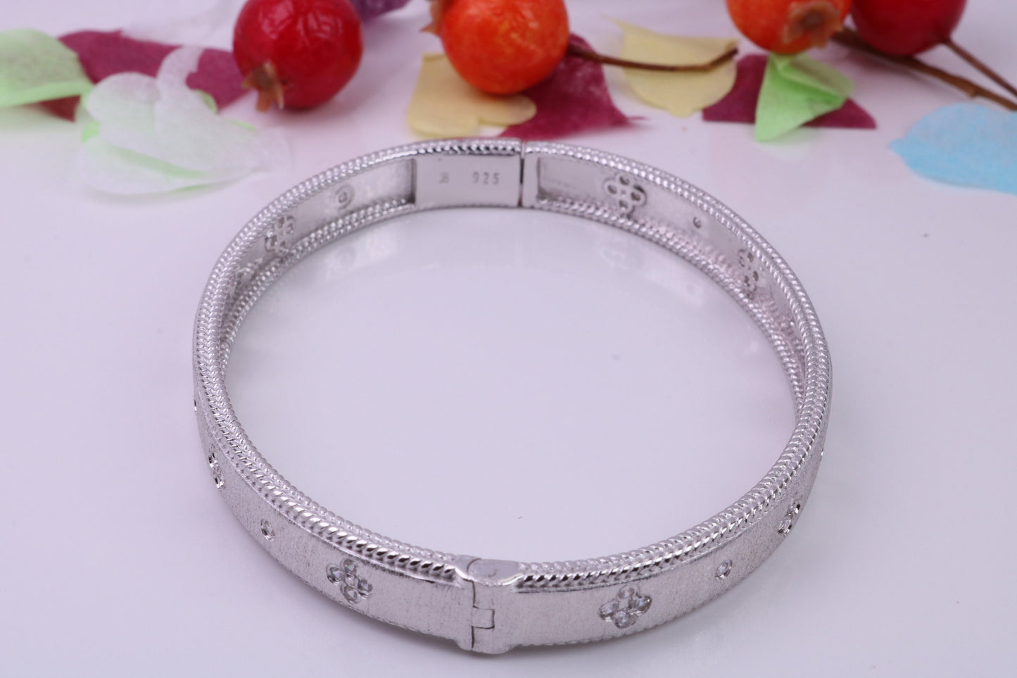 Hinged Bangle set with Diamond White Cubic Zirconia, Made from solid Sterling Silver, Rhodium Plated, Matt Finished