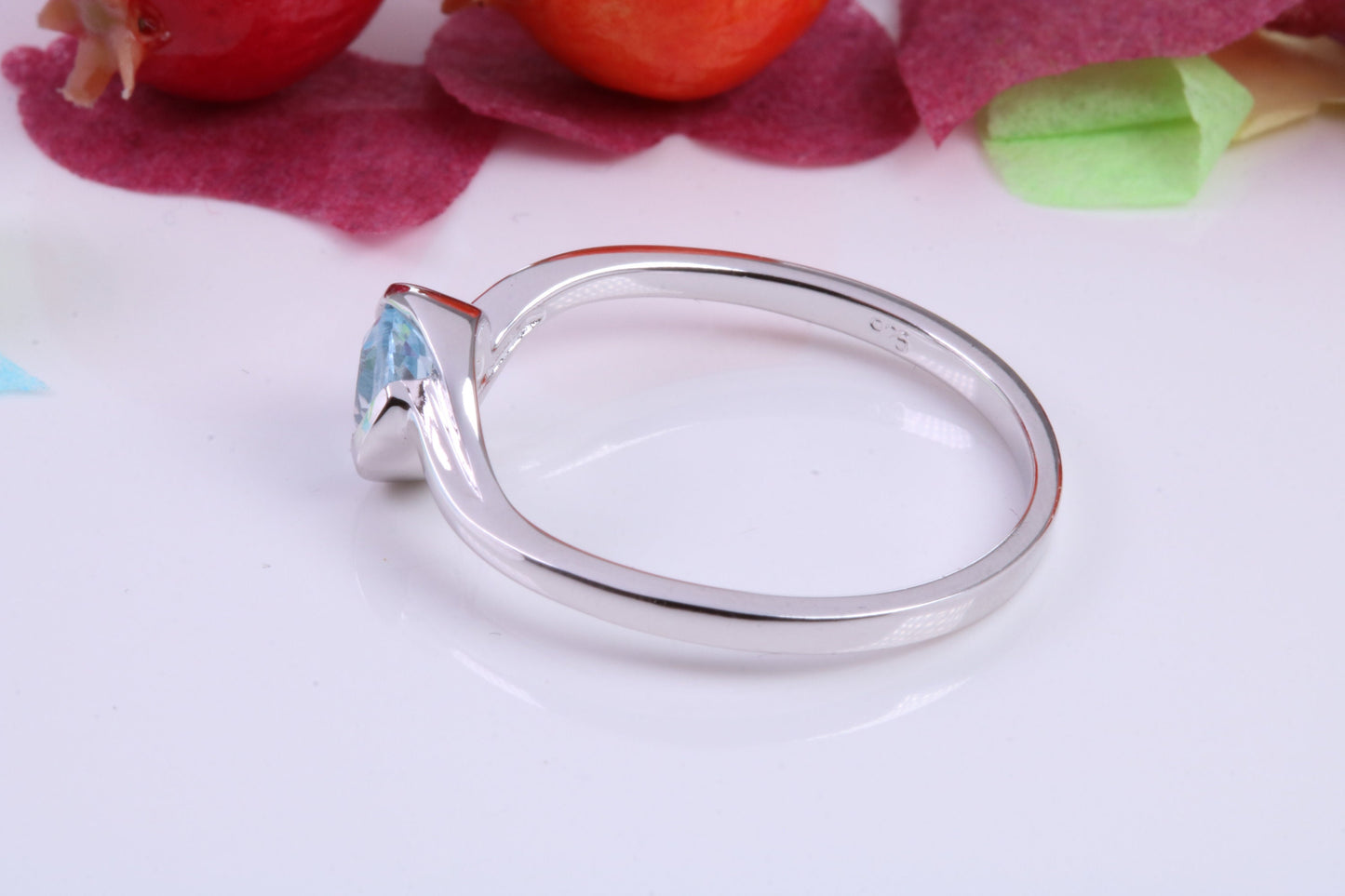 Natural Round cut Blue Topaz set Sterling Silver Ring, Very Smooth Setting, November Birthstone