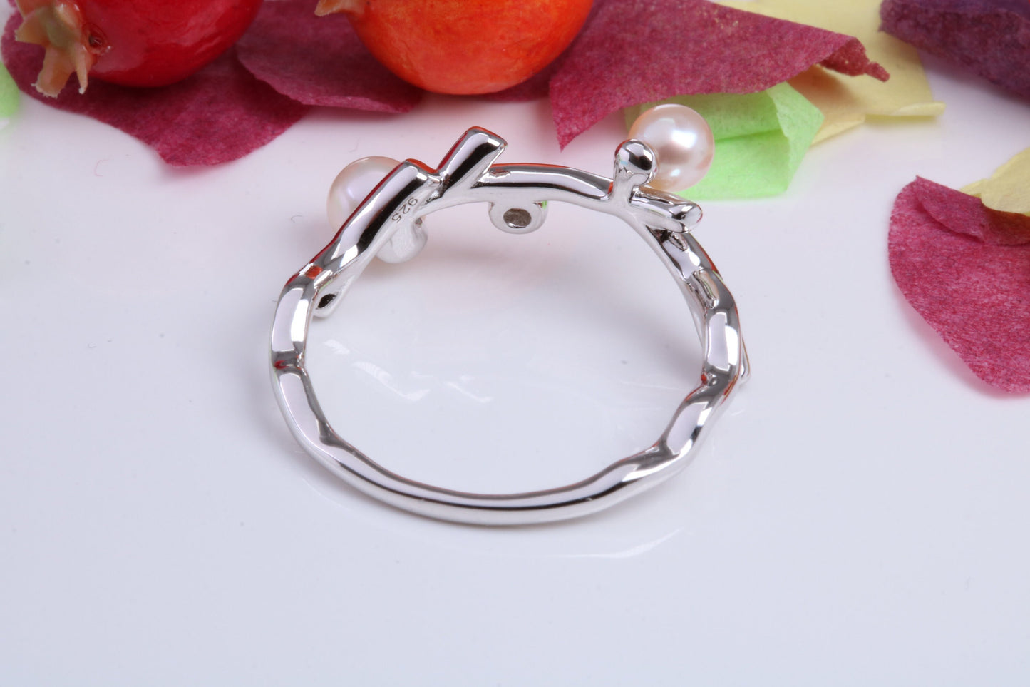 Tree Branch Ring set with Pearls and Cubic Zirconia, Made from solid Silver