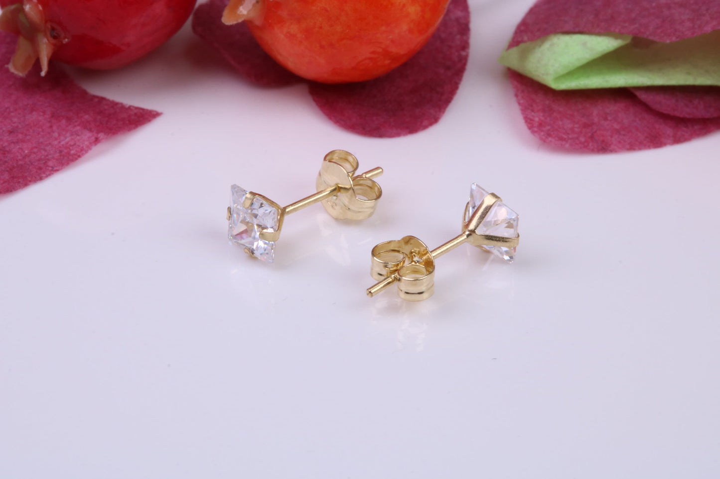 4 mm Square Cubic Zirconia set Stud Earrings, Made from Solid 9ct Yellow Gold