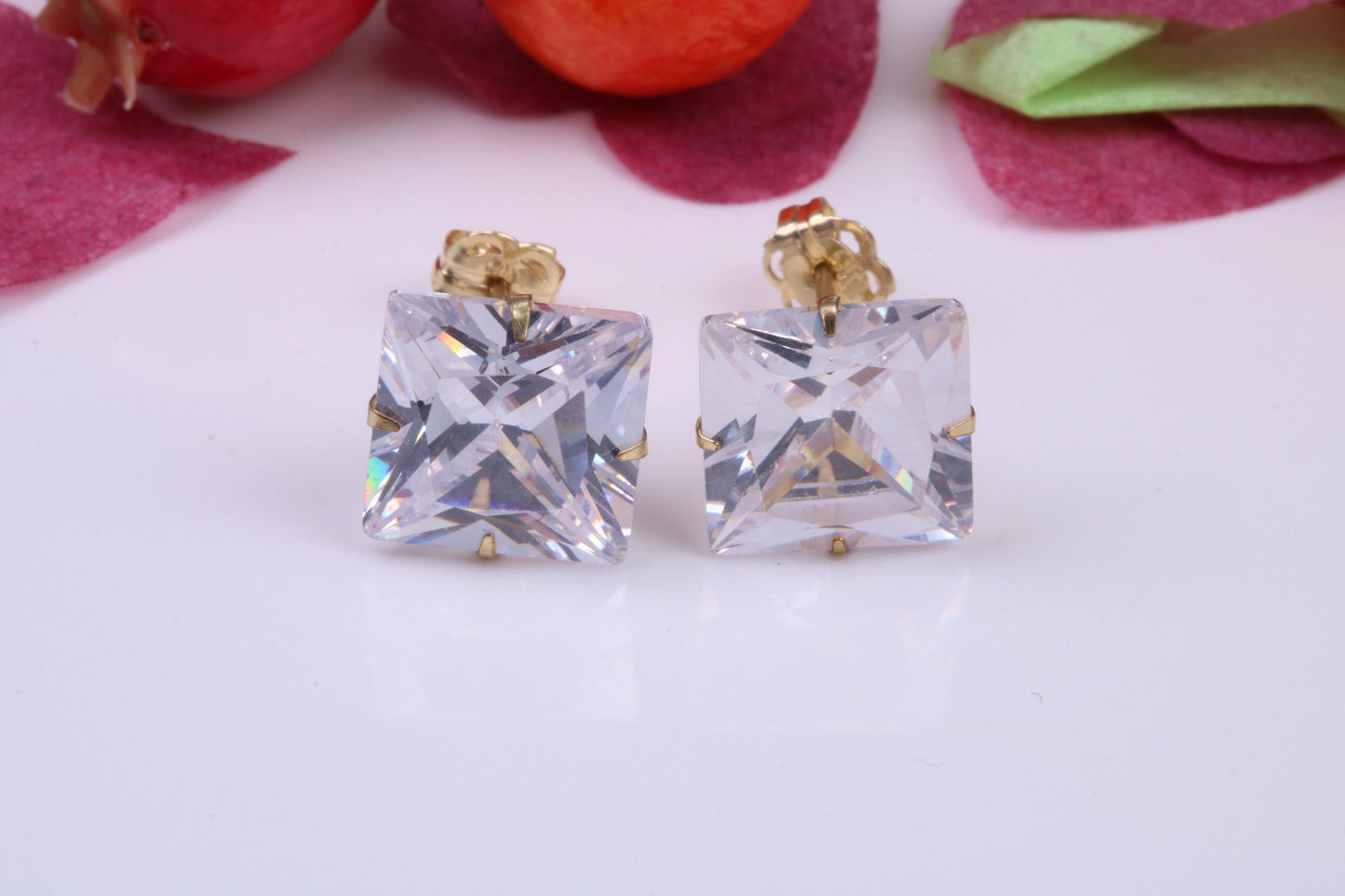 9 mm Square Cubic Zirconia set Stud Earrings, Made from Solid 9ct Yellow Gold