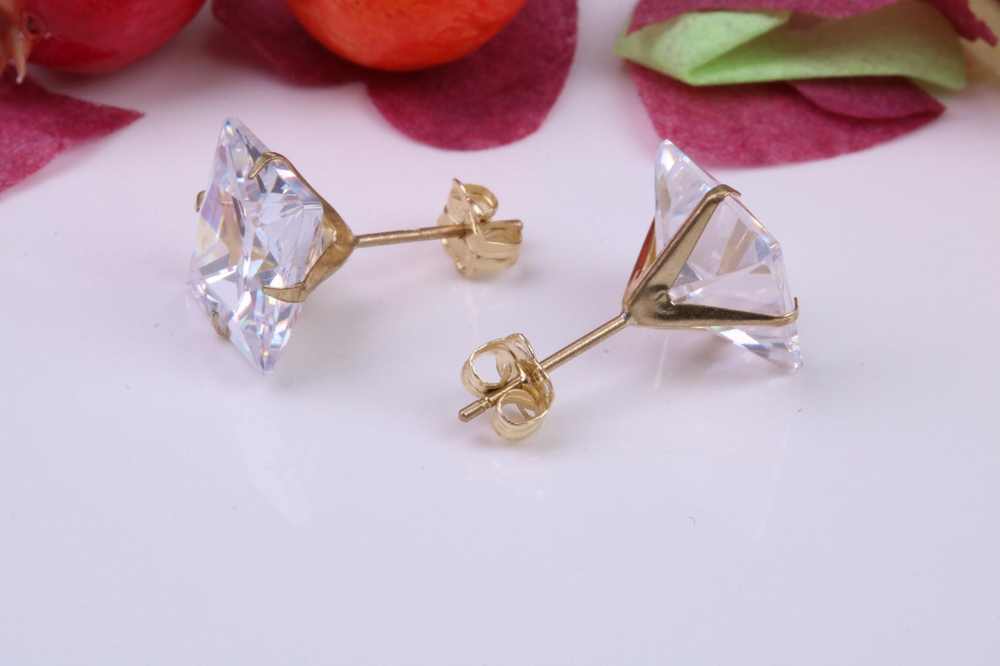 9 mm Square Cubic Zirconia set Stud Earrings, Made from Solid 9ct Yellow Gold