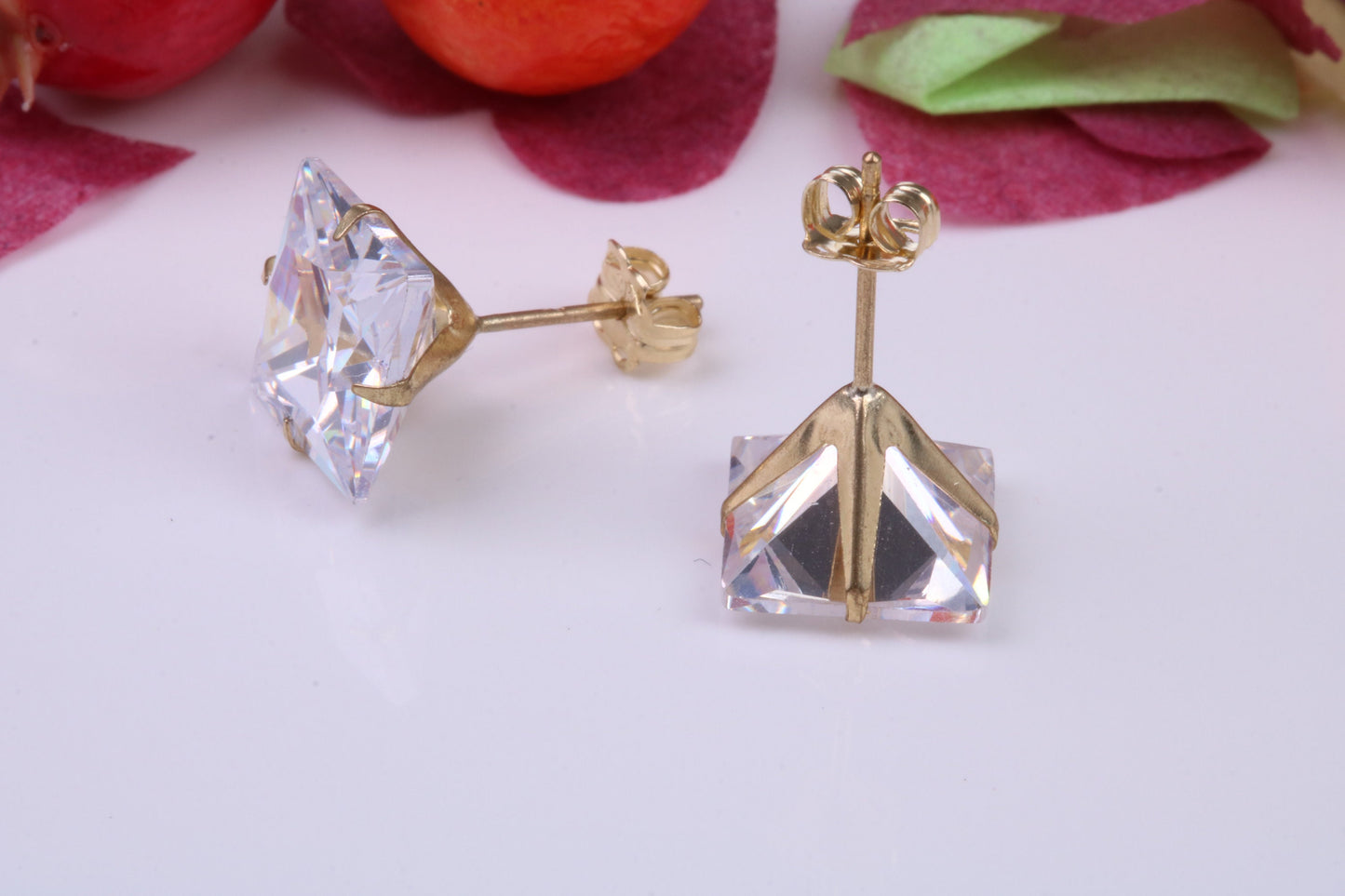 9 mm Square Cubic Zirconia set Stud Earrings, Made from Solid 9ct Yellow Gold
