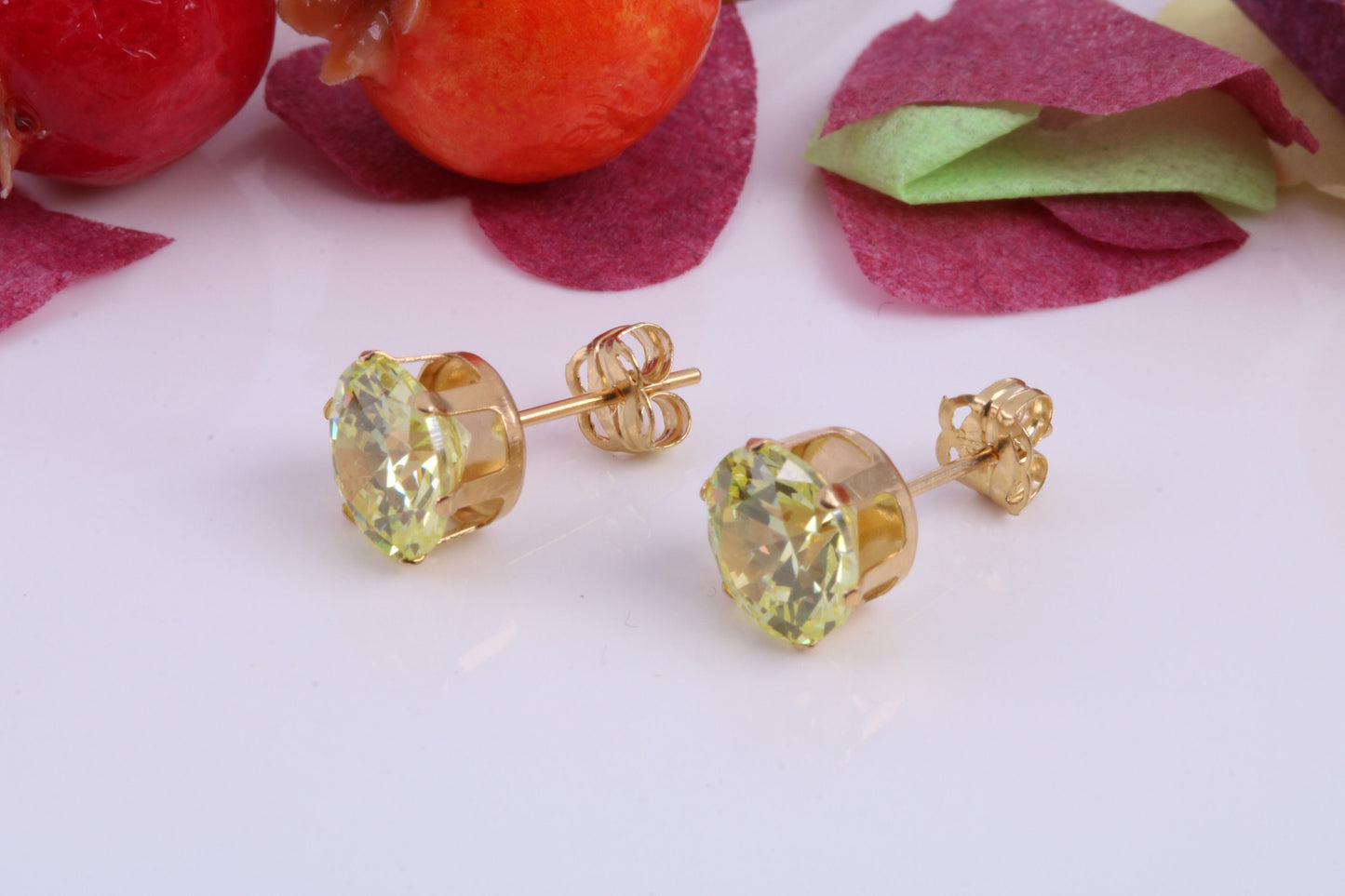 8 mm Round Peridot Cubic Zirconia set Stud Earrings, Made from Solid 9ct Yellow Gold