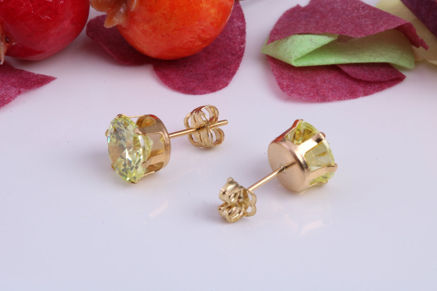 8 mm Round Peridot Cubic Zirconia set Stud Earrings, Made from Solid 9ct Yellow Gold