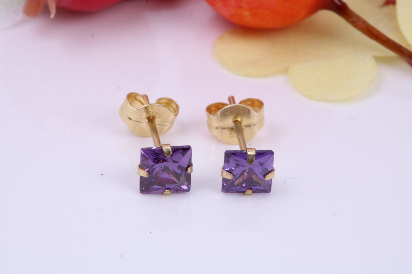 February Amethyst Cubic Zirconia set Birthstone Stud Earrings, Made from Solid 9ct Yellow Gold, Choice of Two Sizes