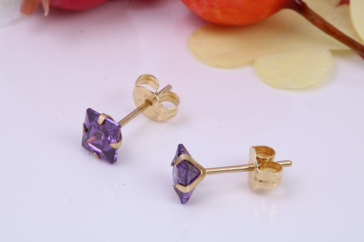 February Amethyst Cubic Zirconia set Birthstone Stud Earrings, Made from Solid 9ct Yellow Gold, Choice of Two Sizes