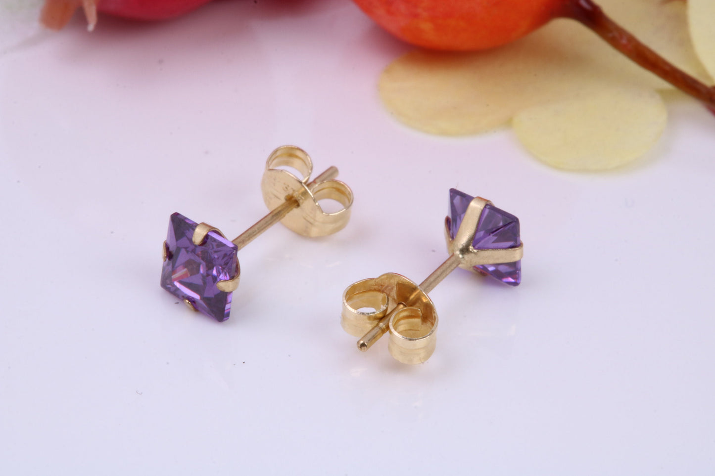 February Amethyst Cubic Zirconia set Birthstone Stud Earrings, Made from Solid 9ct Yellow Gold, Choice of Two Sizes
