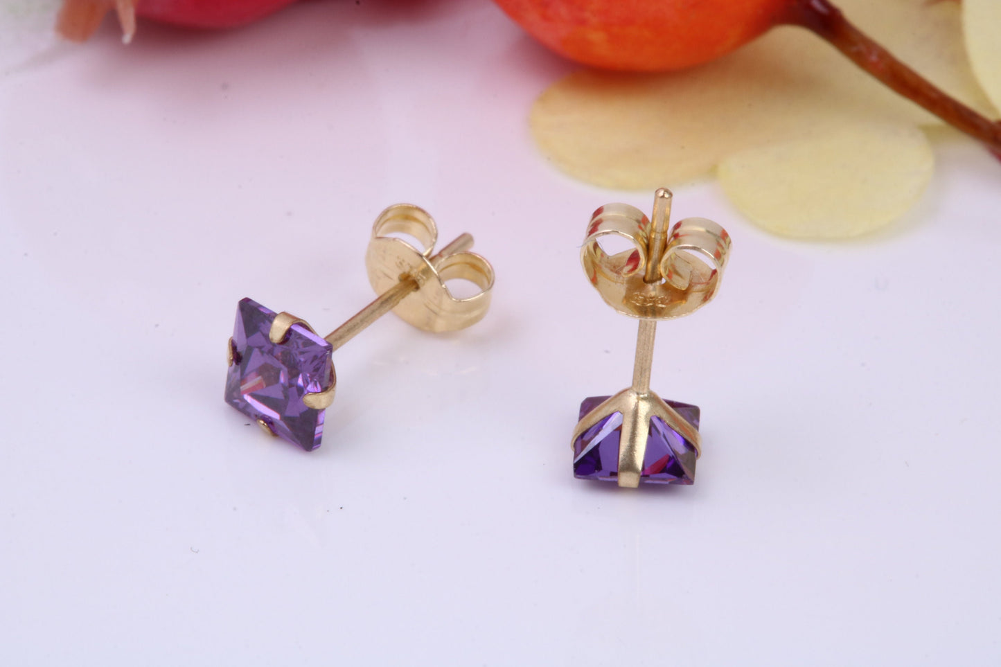 February Amethyst Cubic Zirconia set Birthstone Stud Earrings, Made from Solid 9ct Yellow Gold, Choice of Two Sizes