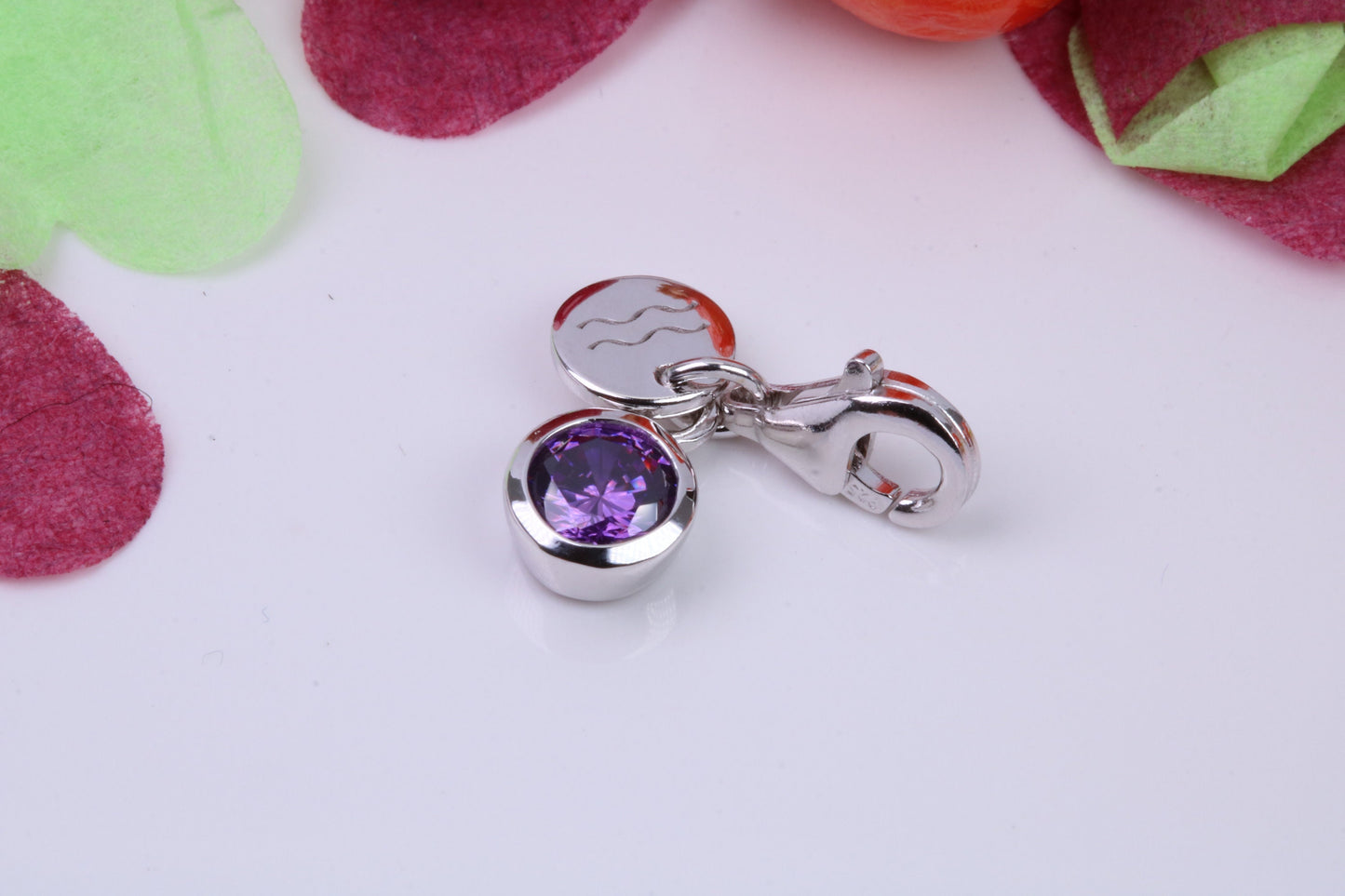 February Amethyst C Z set Charm, Made From 925 Grade Sterling Silver, Birthstone Charm