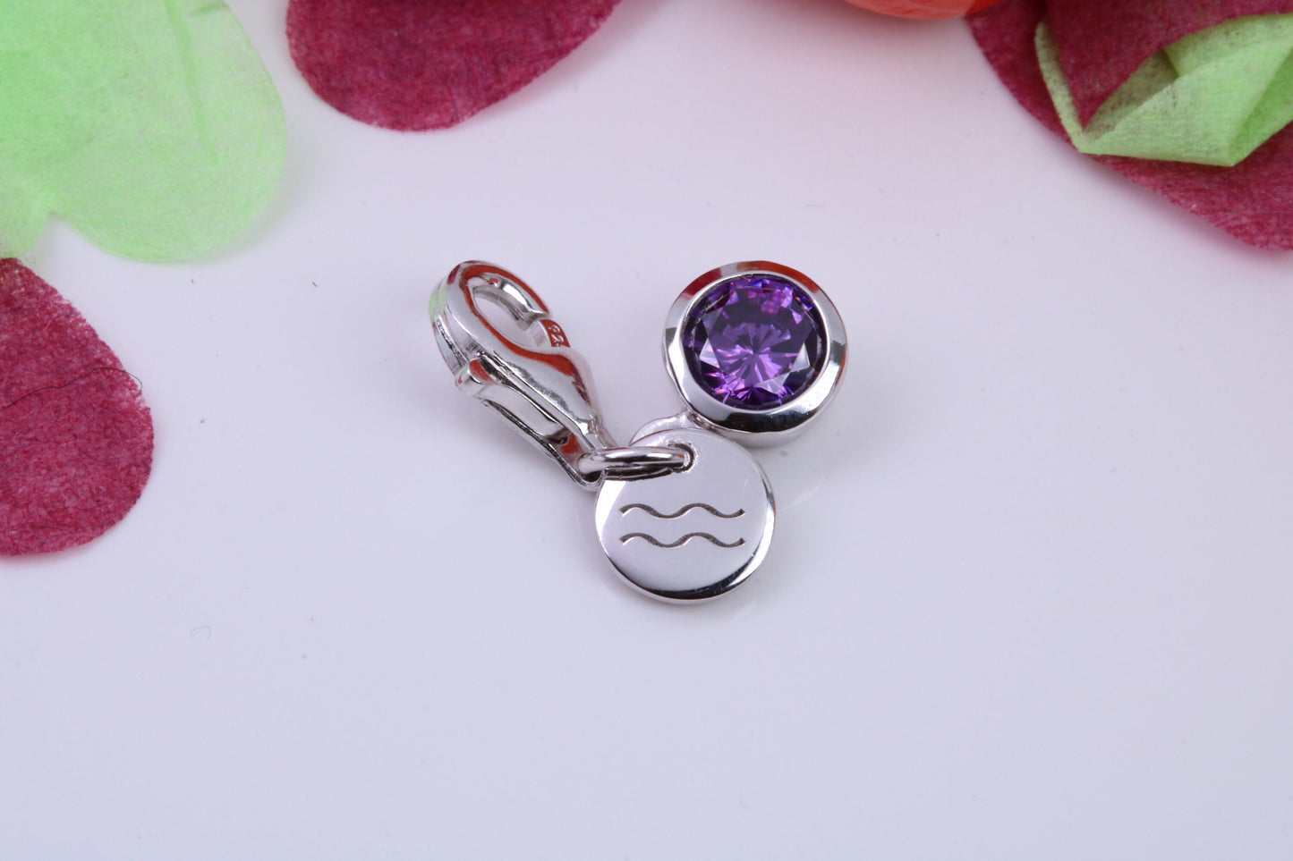 February Amethyst C Z set Charm, Made From 925 Grade Sterling Silver, Birthstone Charm