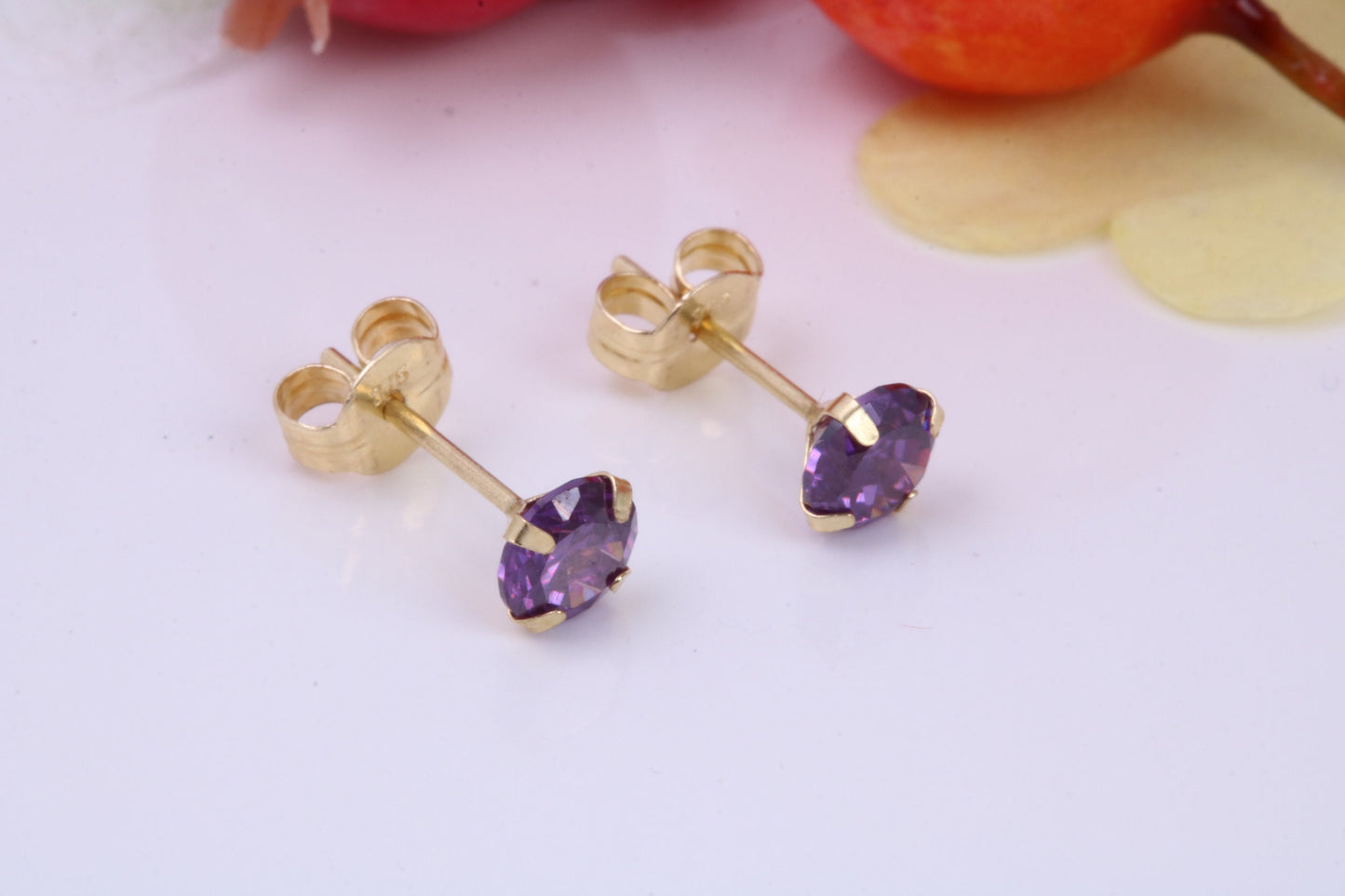 February Amethyst Cubic Zirconia set Birthstone Stud Earrings, Made from Solid 9ct Yellow Gold, Choice of Two Sizes