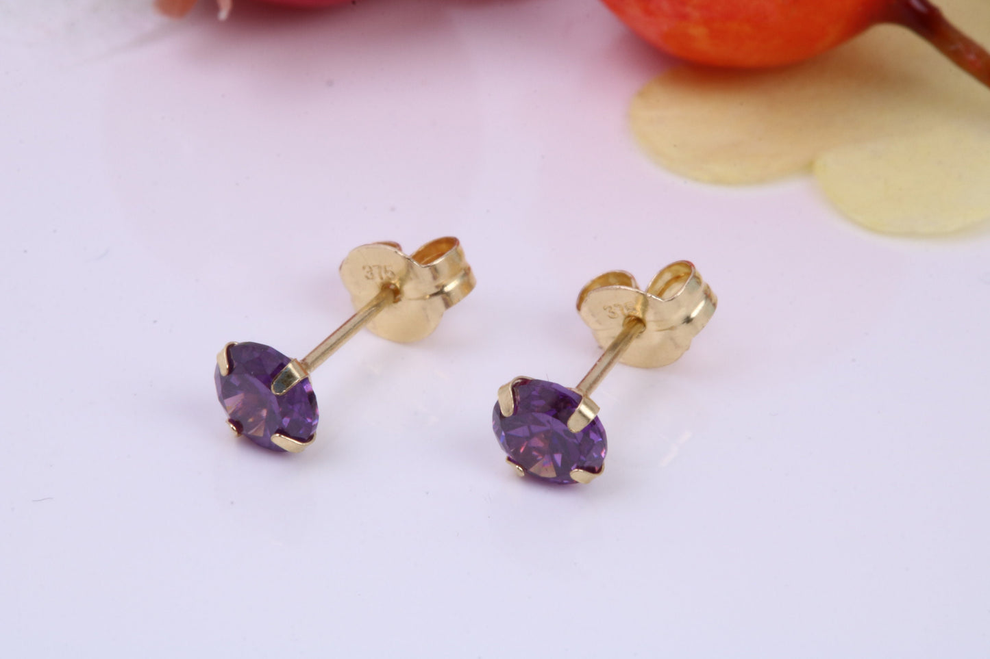February Amethyst Cubic Zirconia set Birthstone Stud Earrings, Made from Solid 9ct Yellow Gold, Choice of Two Sizes