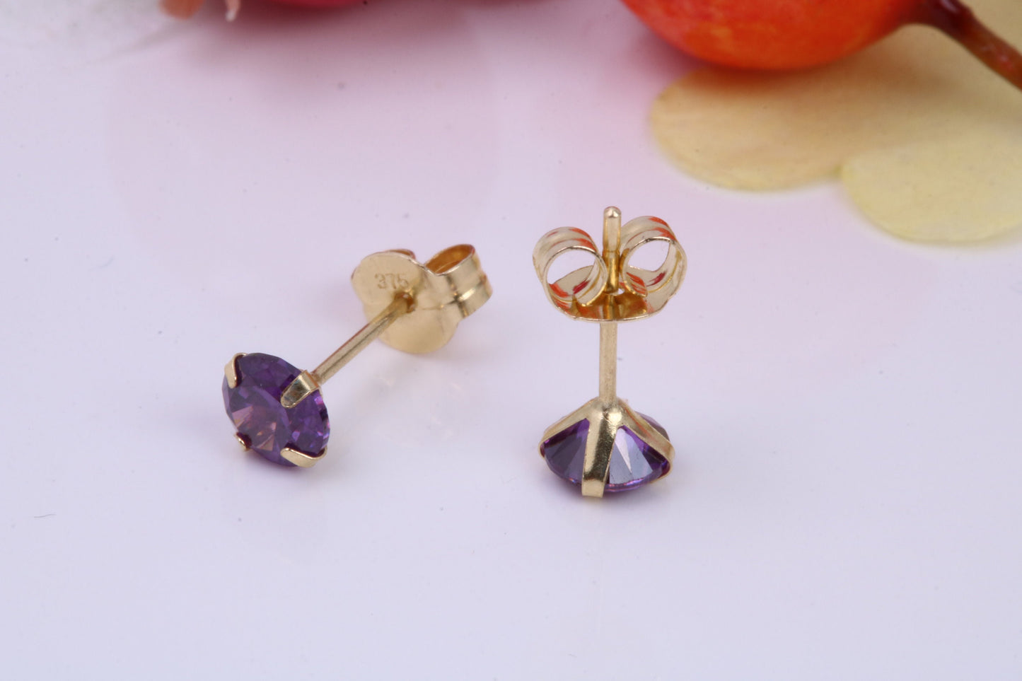 February Amethyst Cubic Zirconia set Birthstone Stud Earrings, Made from Solid 9ct Yellow Gold, Choice of Two Sizes