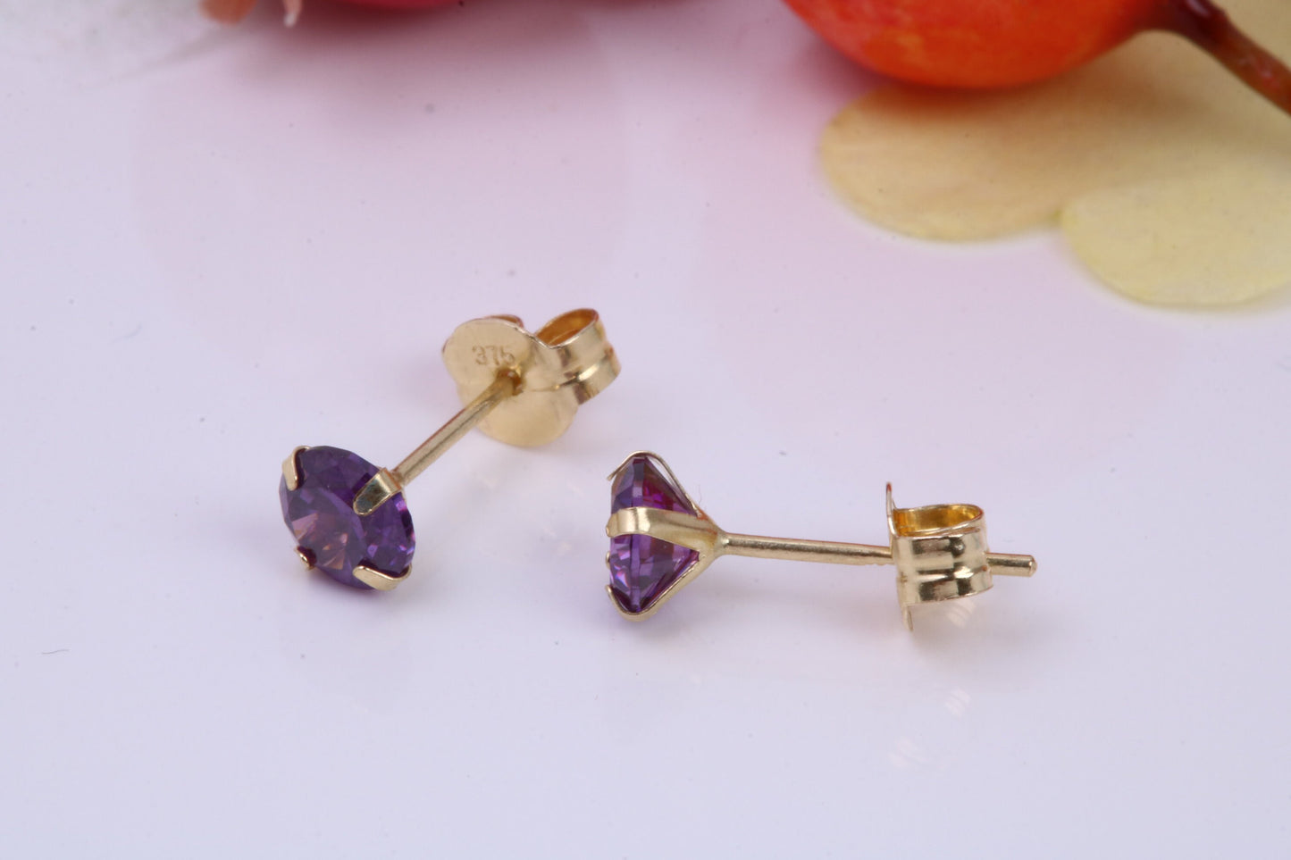 February Amethyst Cubic Zirconia set Birthstone Stud Earrings, Made from Solid 9ct Yellow Gold, Choice of Two Sizes