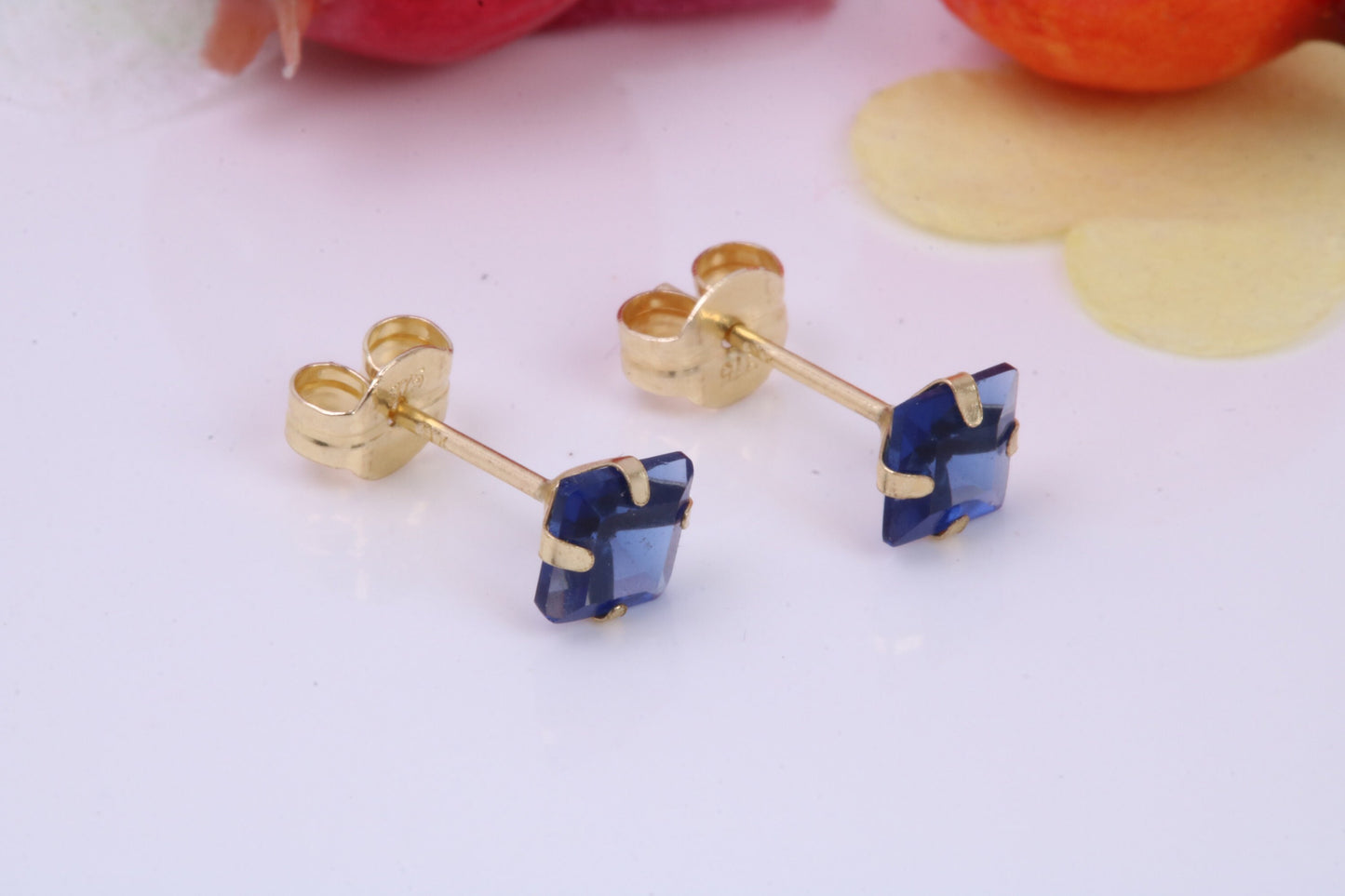 September Blue Sapphire Cubic Zirconia set Birthstone Stud Earrings, Made from Solid 9ct Yellow Gold, Choice of Two Sizes