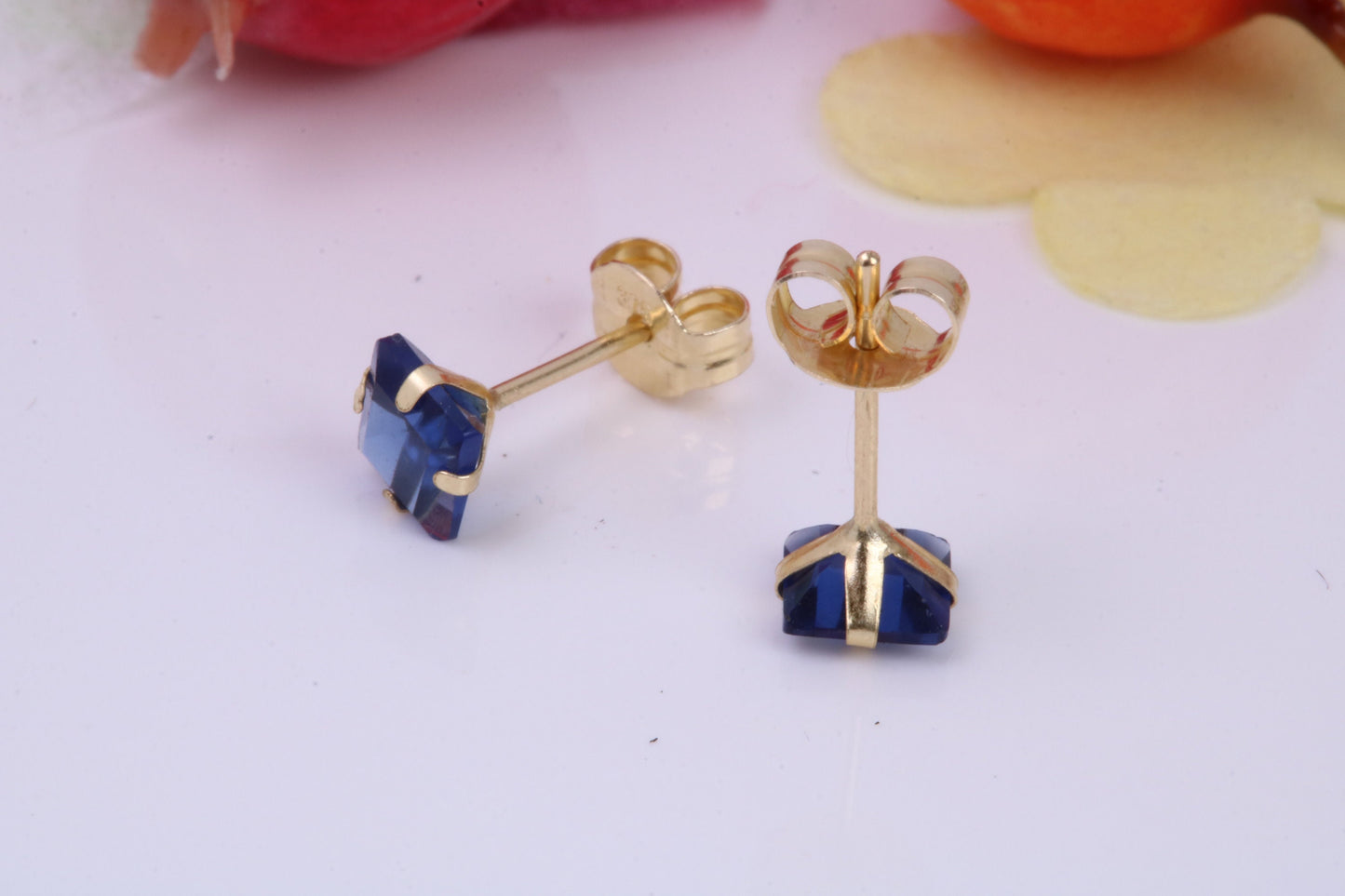 September Blue Sapphire Cubic Zirconia set Birthstone Stud Earrings, Made from Solid 9ct Yellow Gold, Choice of Two Sizes