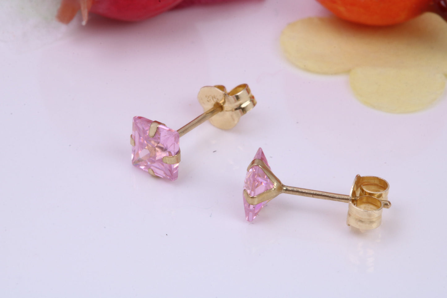 October Pink Rose Cubic Zirconia set Birthstone Stud Earrings, Made from Solid 9ct Yellow Gold, Choice of Two Sizes