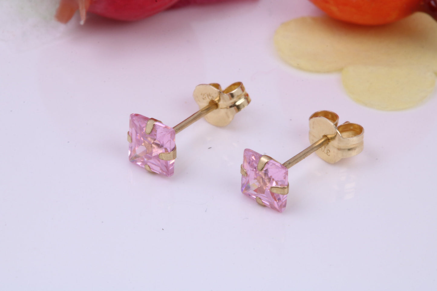 October Pink Rose Cubic Zirconia set Birthstone Stud Earrings, Made from Solid 9ct Yellow Gold, Choice of Two Sizes