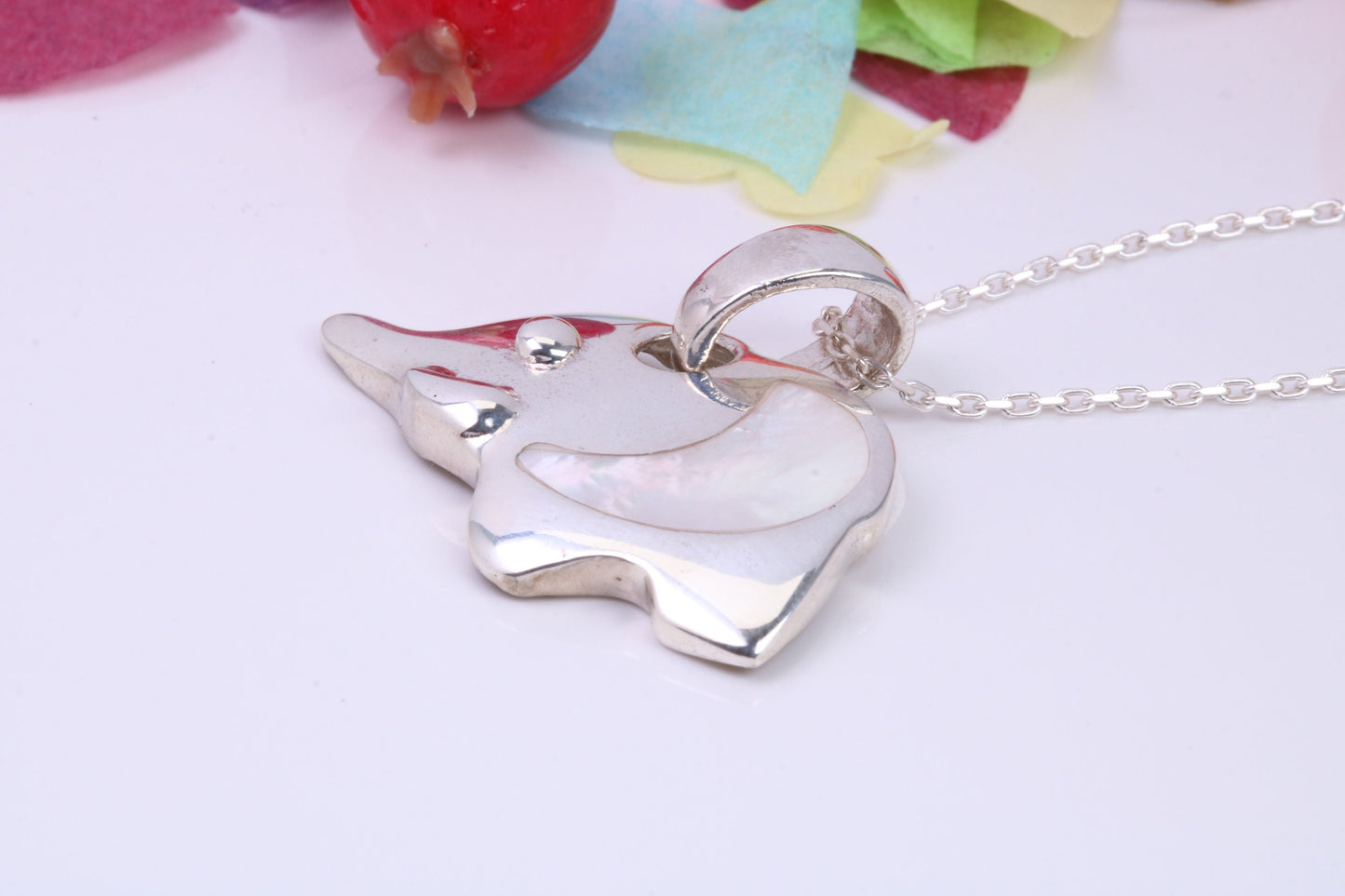 Elephant Necklace Inlaid with Mother of Pearl, Made from Solid Sterling Silver