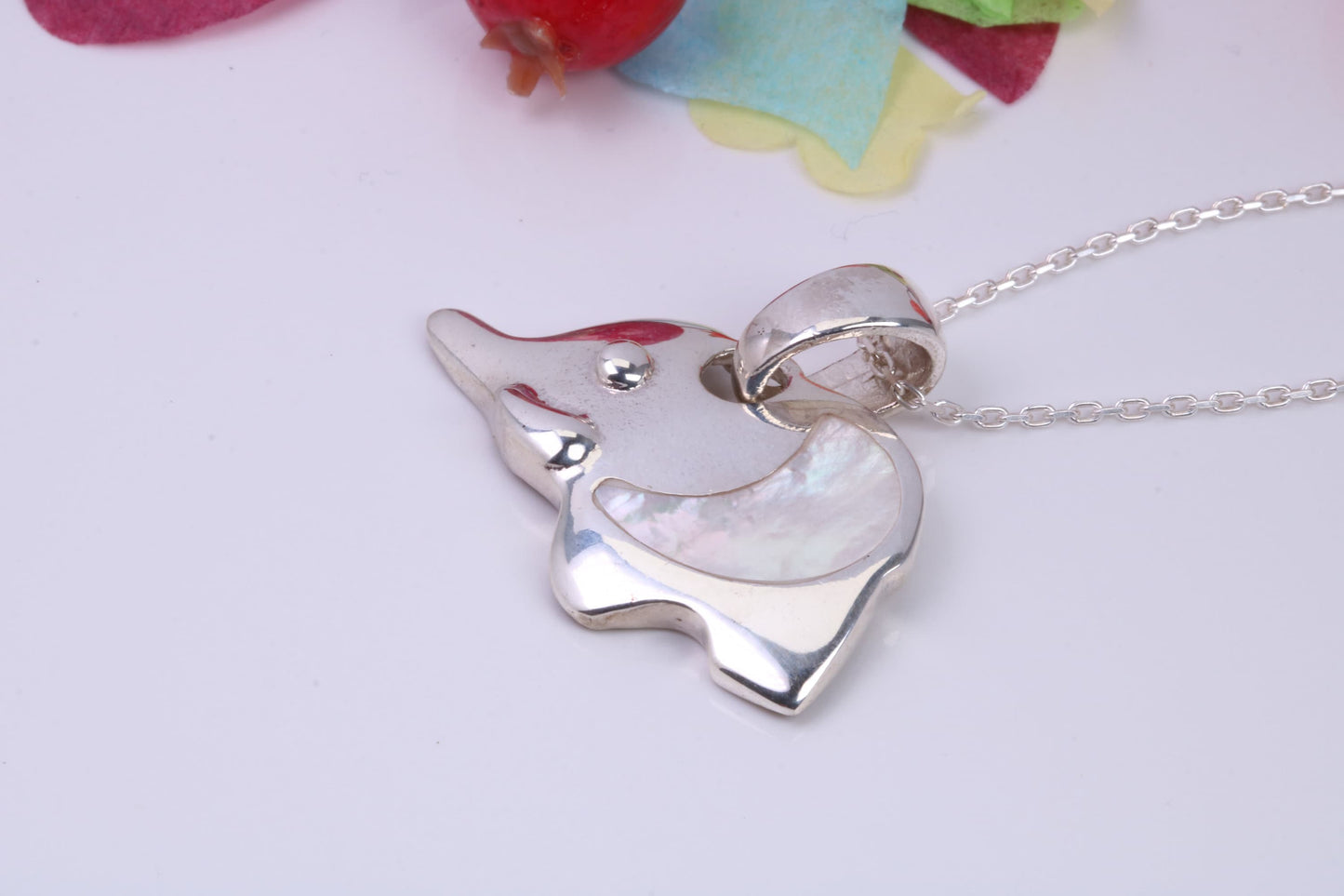 Elephant Necklace Inlaid with Mother of Pearl, Made from Solid Sterling Silver