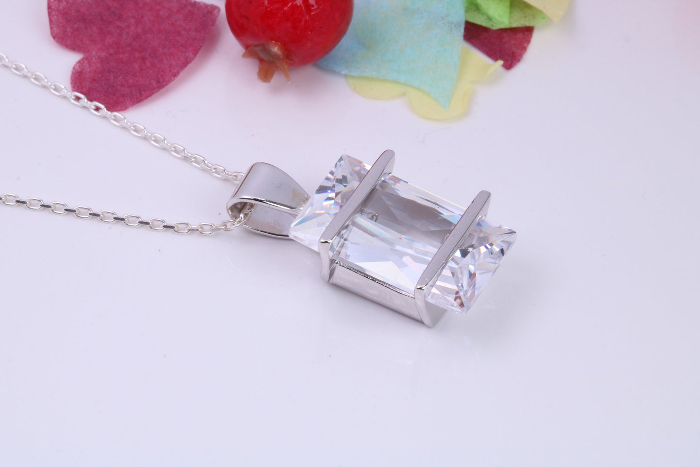 Large Rectangle cut Cubic Zirconia set Necklace, Made from Solid Sterling Silver, Very Dressy
