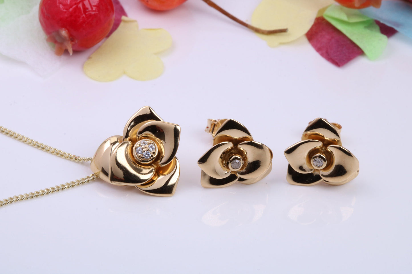 Flower Cubic Zirconia set Necklace and Earrings, Made from solid Sterling Silver, 18ct Yellow Gold Plated