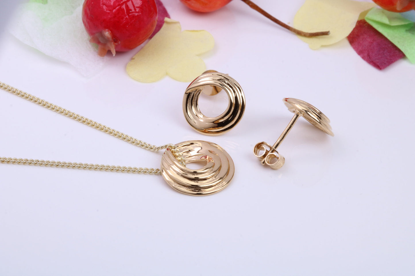 Circular Necklace and Earrings, Made from solid Sterling Silver, 18ct Yellow Gold Plated