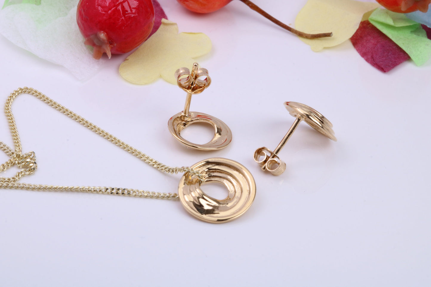 Circular Necklace and Earrings, Made from solid Sterling Silver, 18ct Yellow Gold Plated