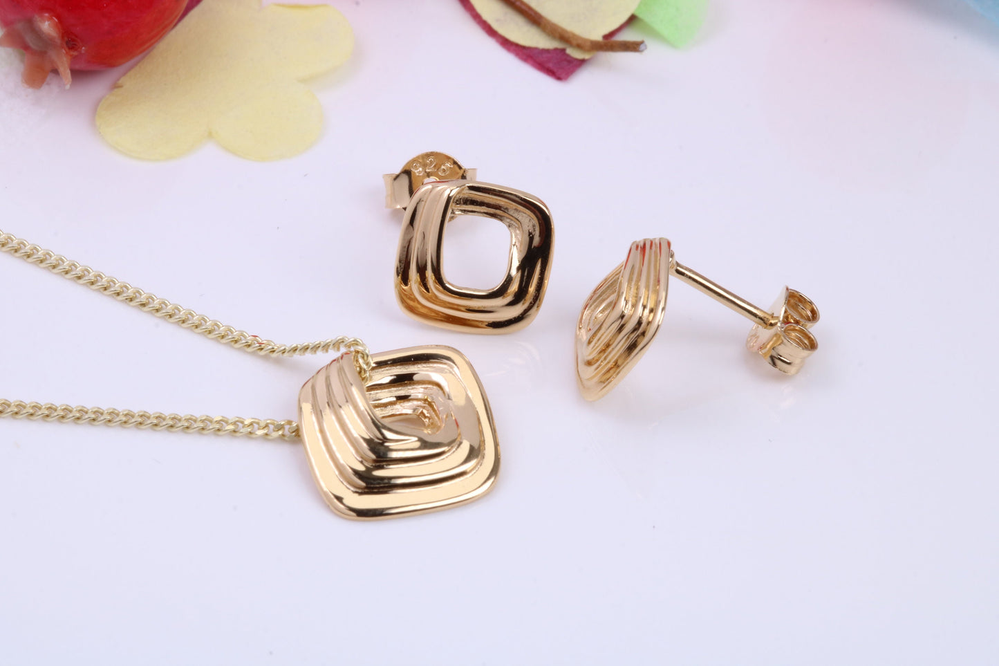 Square Face Necklace and Earrings, Made from solid Sterling Silver, 18ct Yellow Gold Plated