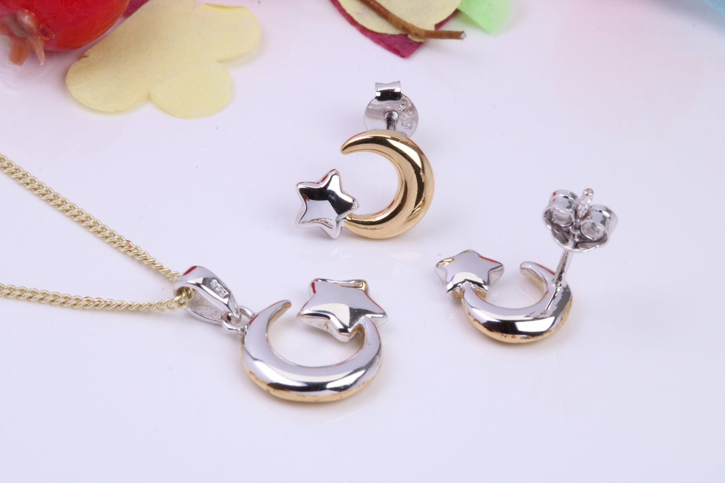 Moon and Star Necklace and Earrings, Made from solid Sterling Silver, 18ct Yellow Gold Plated