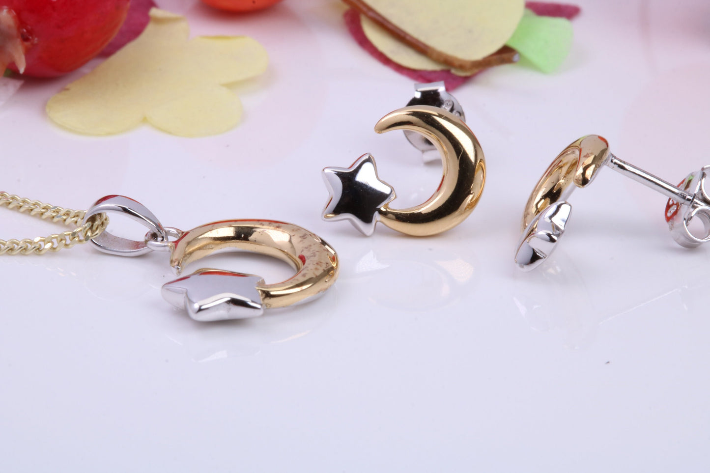 Moon and Star Necklace and Earrings, Made from solid Sterling Silver, 18ct Yellow Gold Plated