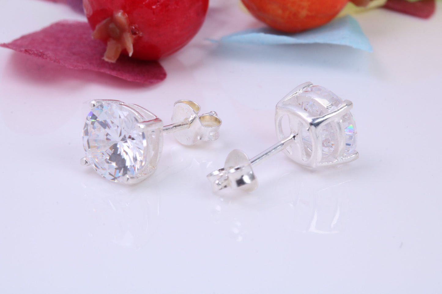 8 mm Round Cubic Zirconia set Stud Earrings, Made from Solid Cast Sterling Silver, Ideal for Gents