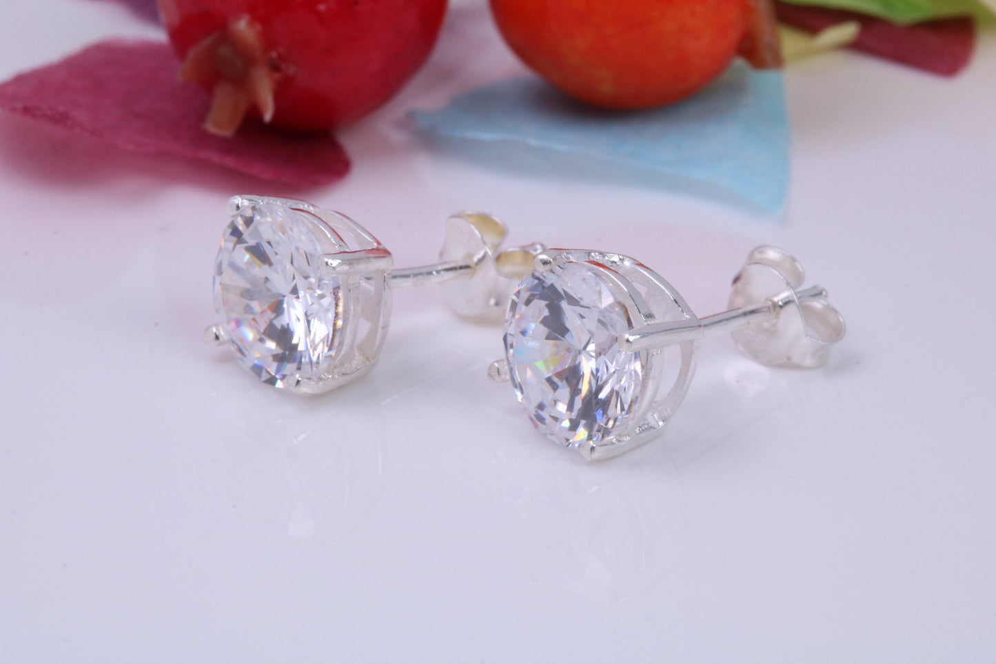 8 mm Round Cubic Zirconia set Stud Earrings, Made from Solid Cast Sterling Silver, Ideal for Gents