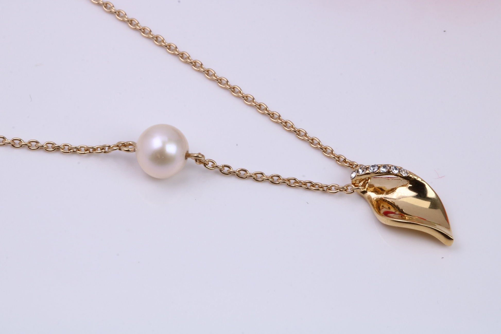 Pearl and Cubic Zirconia set Necklace with Length Adjustable Chain, Made from solid Sterling Silver, 18ct Yellow Gold Plated