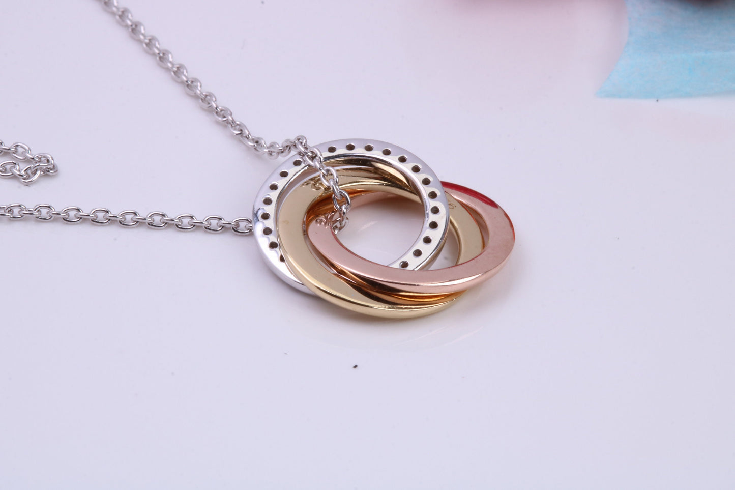 Triple Hoop Necklace with Length Adjustable Chain, Made from solid Sterling Silver, 18ct Yellow and Rose Gold Plated